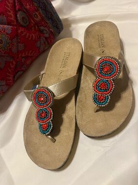 Beaded Thong Sandals with Orange & Turquoise Accents by Italian Shoemaker, NWT